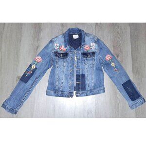 Grace in LA Embroidered Flowers Distressed Jean Jacket Cropped Denim Coat MEDIUM